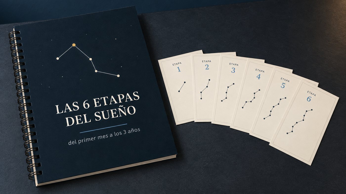 La guía impresa Las 6 Etapas del Sueño con sus fichas de noche sobre una mesa oscura